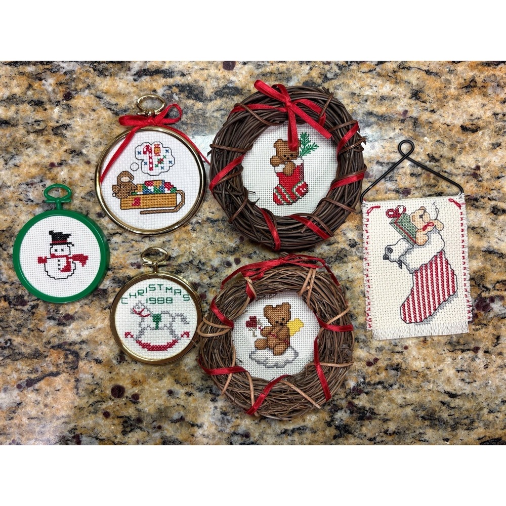 Lot of 6 VINTAGE & HANDMADE Cross Stitch Christmas Ornaments